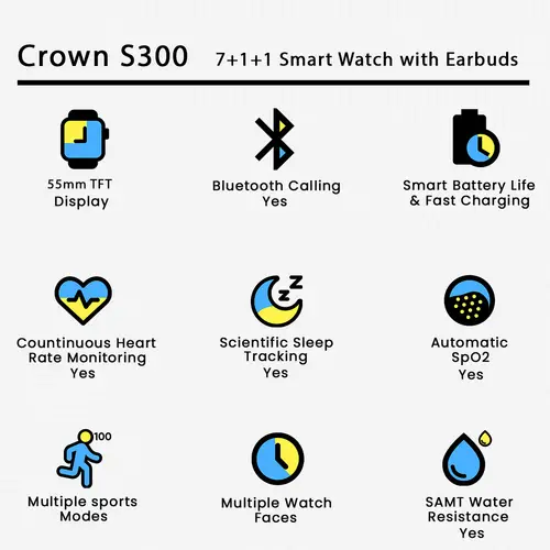Crown S300 7 1 1 Smart Watch With Earbuds image 3