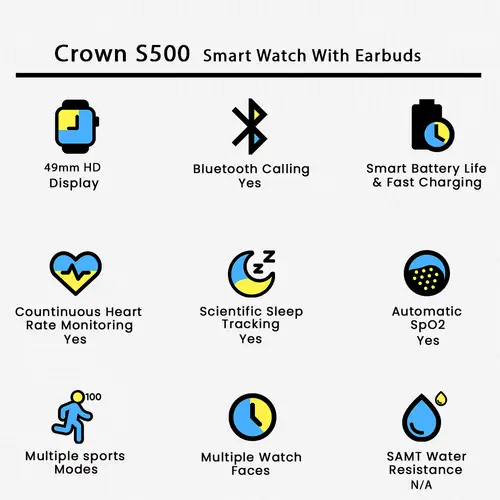 Crown S500 Smart Watch With Earbuds image 3